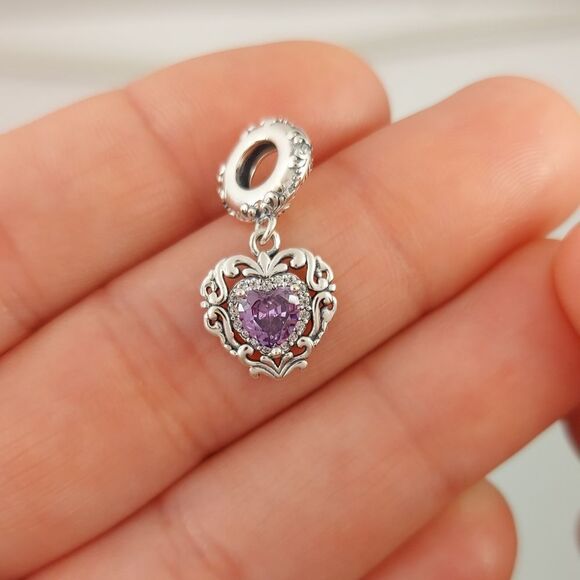 925 Sterling Silver Vintage Heart Dangle Charm - Picture 5 of 8